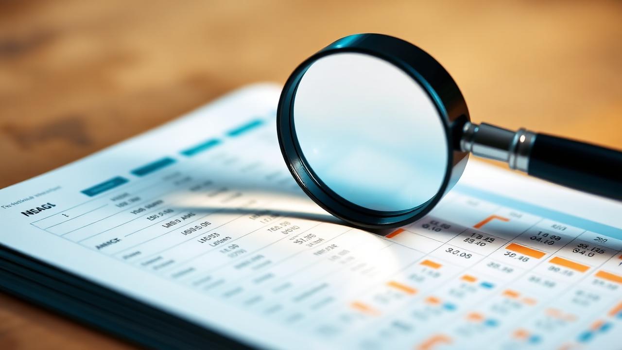 Magnifying glass reviewing a printed credit report with highlighted account entries